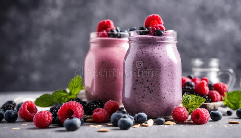 Two jars of yogurt with berries on top, Two jars of yogurt with berries on top. Two jars of yogurt with berries on top, Two jars of yogurt with berries on top