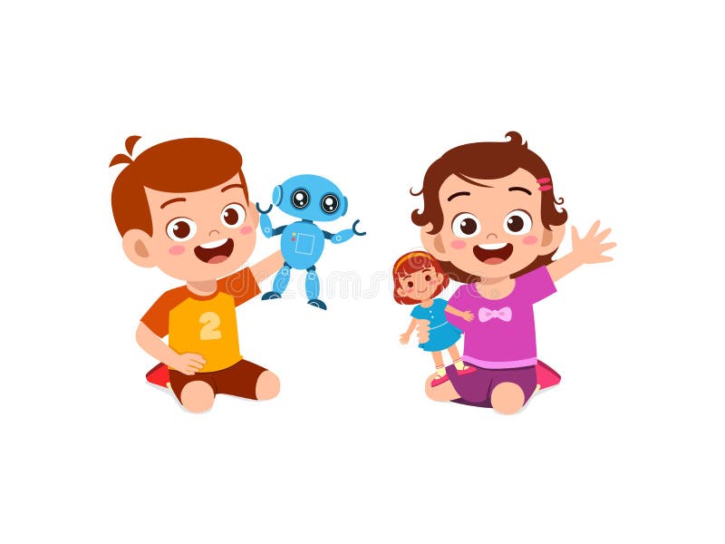 Two kids boy and girl play robot and doll together