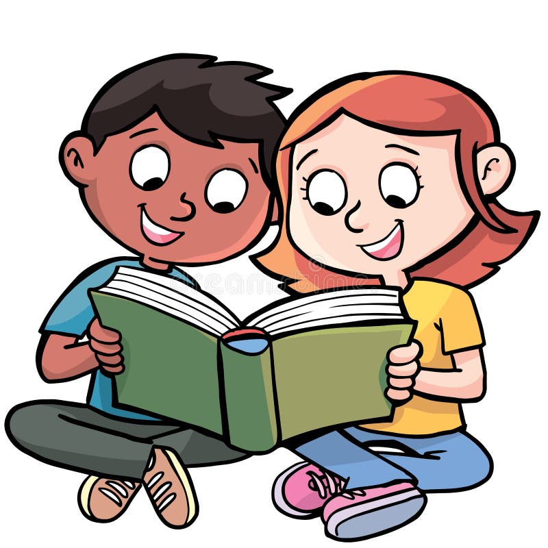 Boy and Girl Sitting on Chairs Reading a Picture Book Stock ...