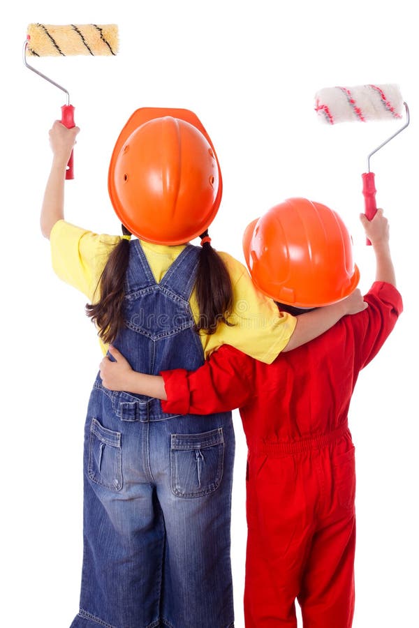 Two kids in coveralls with paint rollers