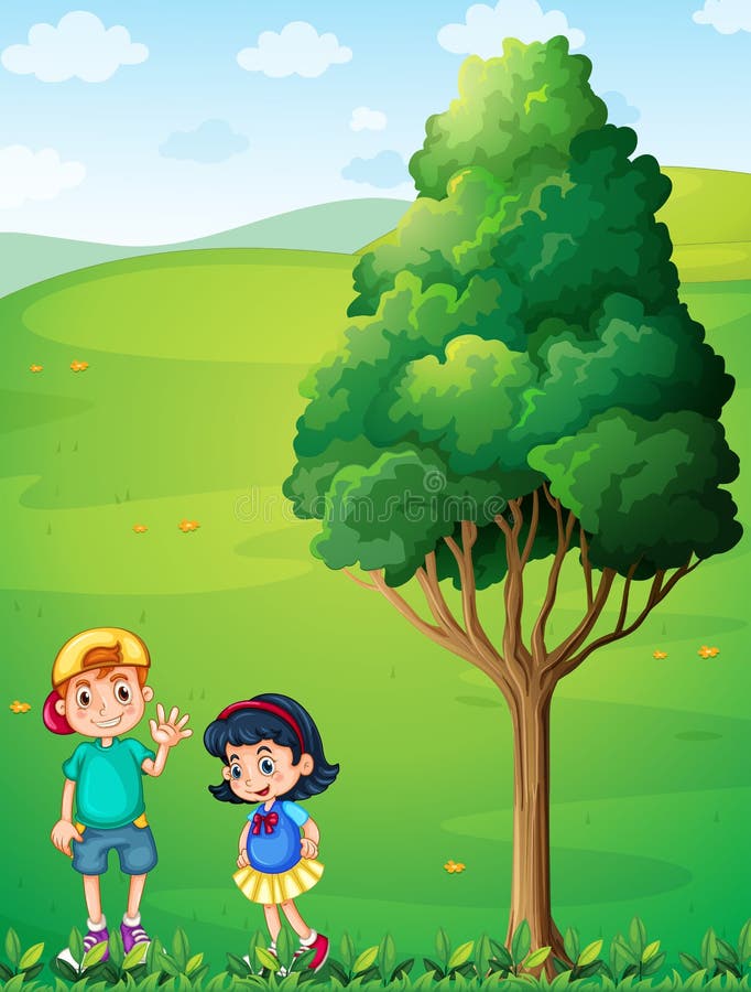 Tree with two cartoon kids stock vector. Illustration of looking - 20457645