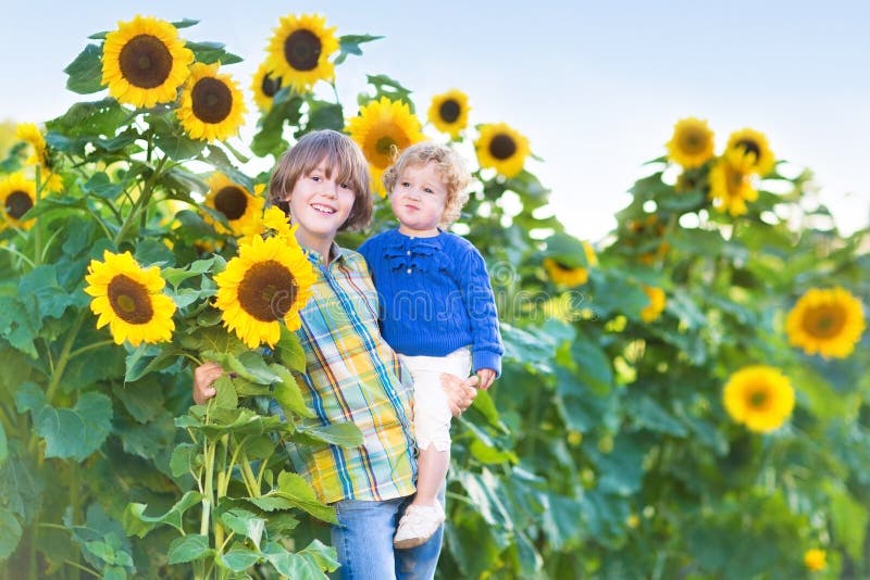 Two kids playing in a sunflower field on sunny day