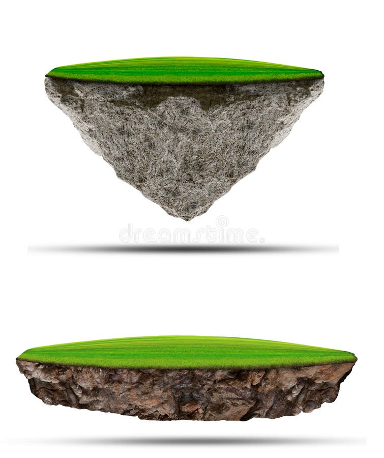 Two kind of floating green grass field over rock island on whit stock illustration