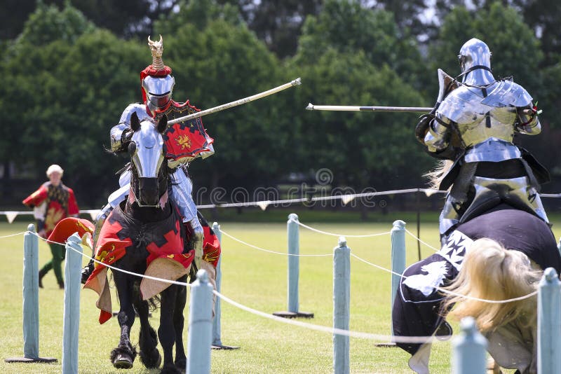 Two Medieval Knights Confront during Jousting Tournament Stock Photo