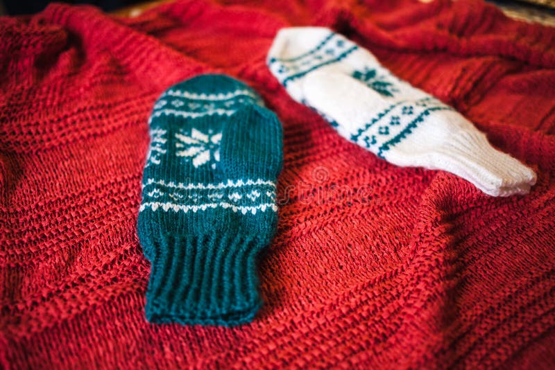 Two knitted mittens. stock image. Image of christmas ...