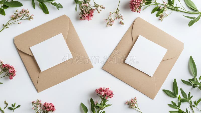 Two Kraft Envelopes with Blank Cards and Pink Flowers royalty free illustration