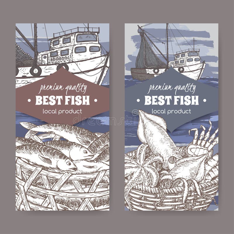 Two labels with color fishing boat, fish and seafood basket.