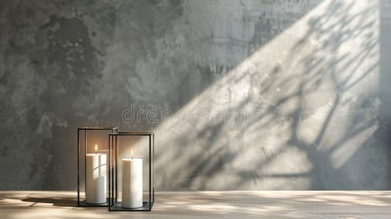Two lantern candles casting shadows on a wall in a serene setting. stock images