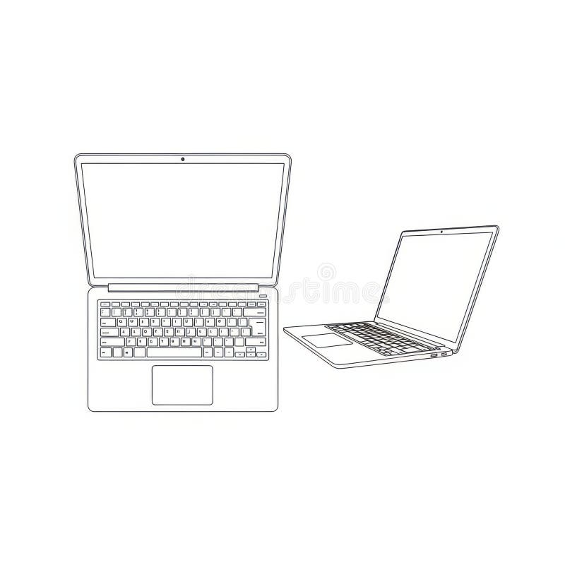 The image shows two laptops placed side by side. The laptop on the left is open and displays its screen and keyboard clearly, while the laptop on the right is also open but positioned at an angle, showing its screen and keyboard partially. Laptop side angle illustrations