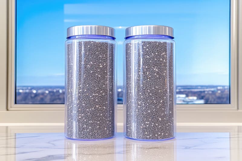 Two Large Clear Jars Filled with Chia Seeds on Marble Counter with Urban View royalty free stock photography