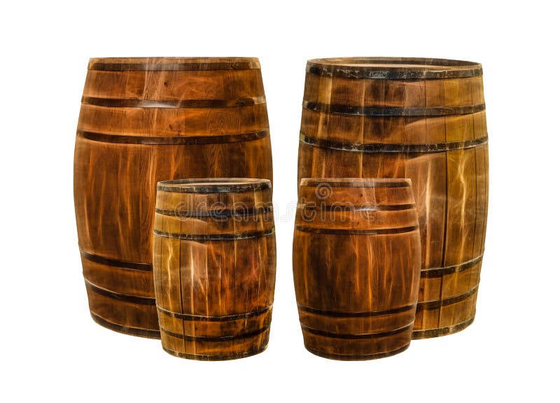 Two Large and Small Oak Barrels for Aging and Storing Wine Stock Photo