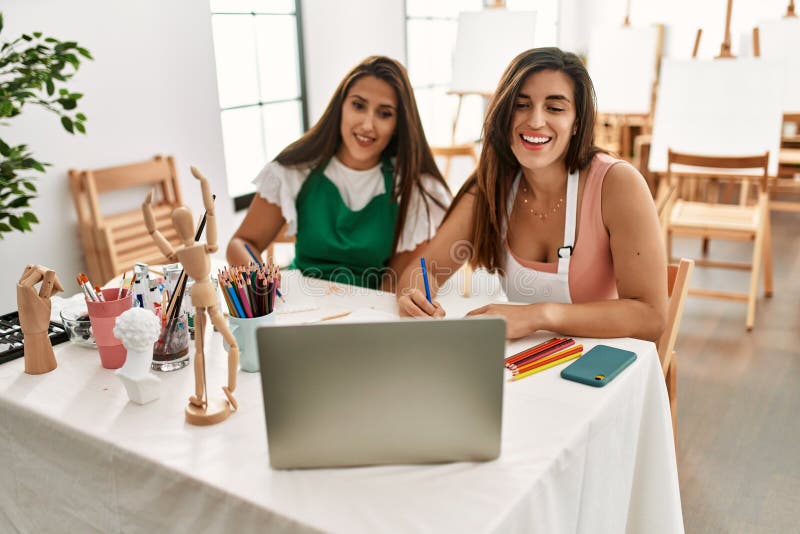 Two Latin Paint Students Smiling Happy Having Online Paint Class at Art