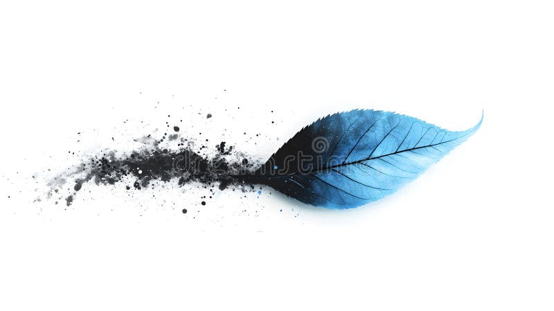 Two Leaves Illustration: One in Blue Watercolor and One in Dark Solid Color with Blue Paint Splashes stock illustration.