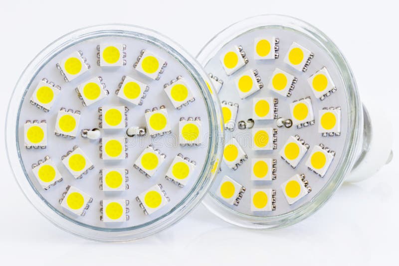 Two LED bulbs with warm and cold light stock photography