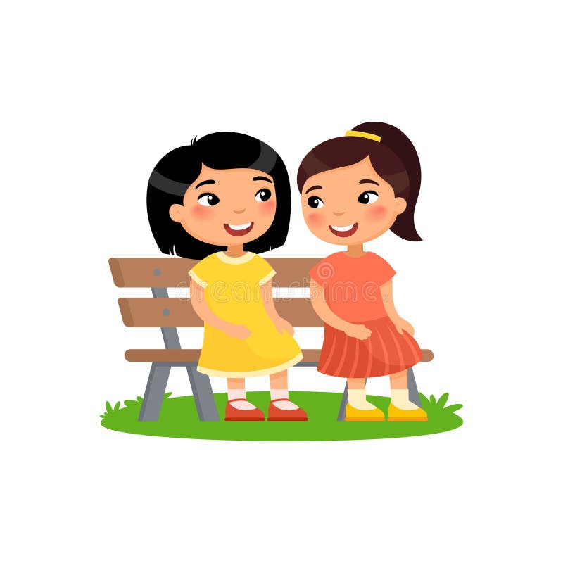 Two little asian girls are sitting on bench. Girlfriends are talking.