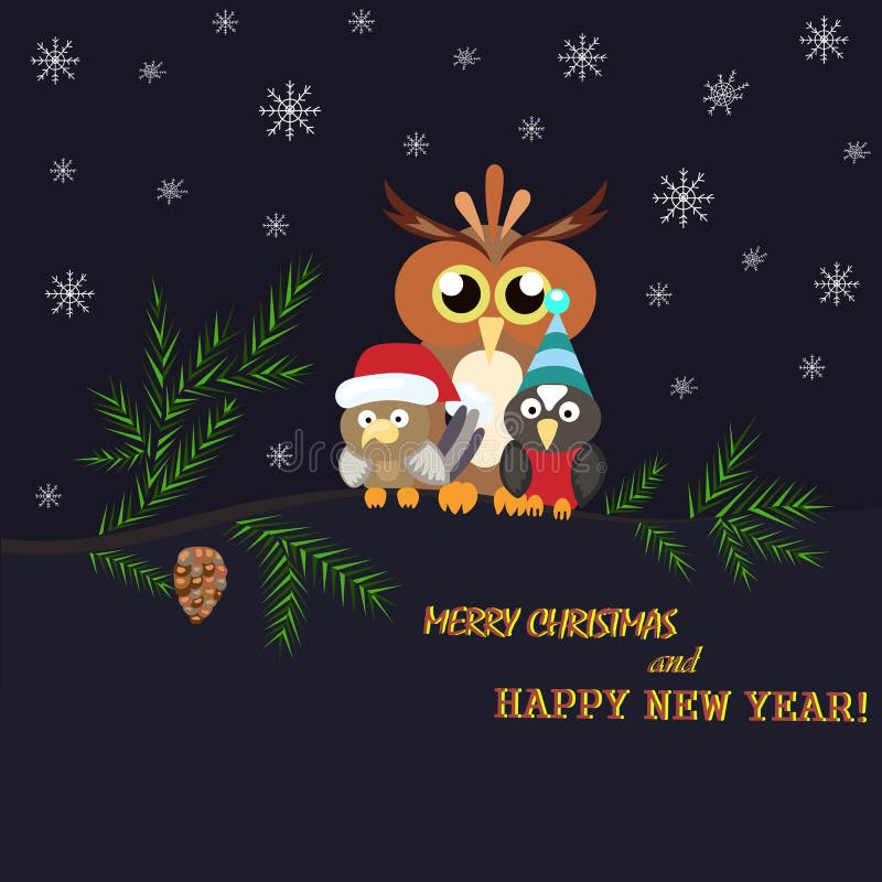 Two little birds and a large owl sitting on a branch. The branch stock illustration Two little birds and a large owl sitting on a branch. The branch stock illustration