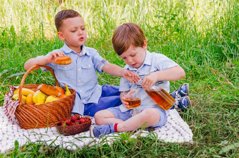 Two Little Boys Friend, Brother Sit in the Meadow and Eat Fruit Stock ...