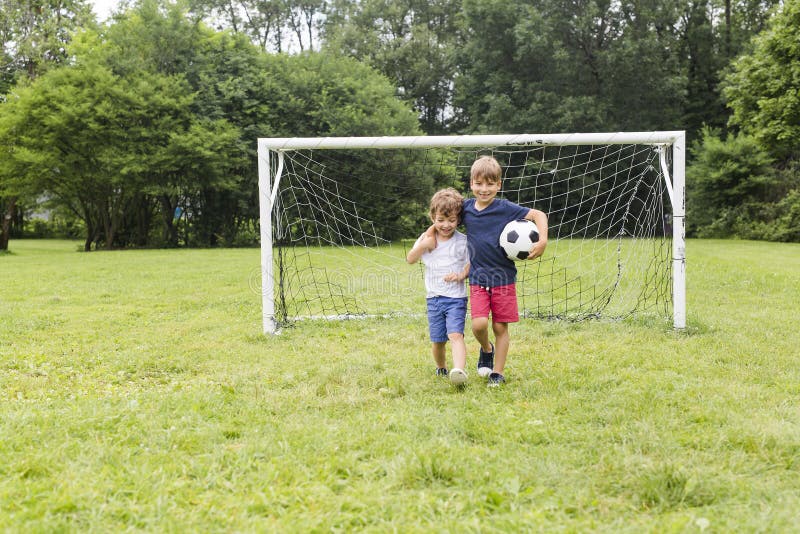 Two Brothers Having Fun Playing with Ball Stock Image Image of meadow