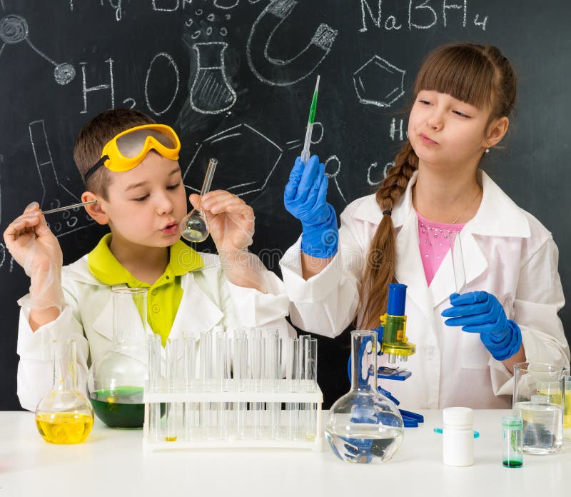 Two Little Students On Chemistry Lesson In Lab Stock Photo - Image of ...