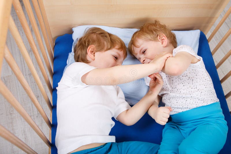 Two Little Blond Sibling Boys Sleeping Bed Stock Images