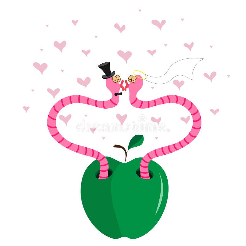 Two lovers worm in an apple kissing against the background of flying hearts.