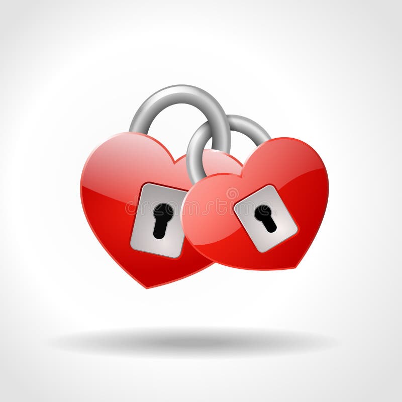 Two locked padlocks in shape of red hearts