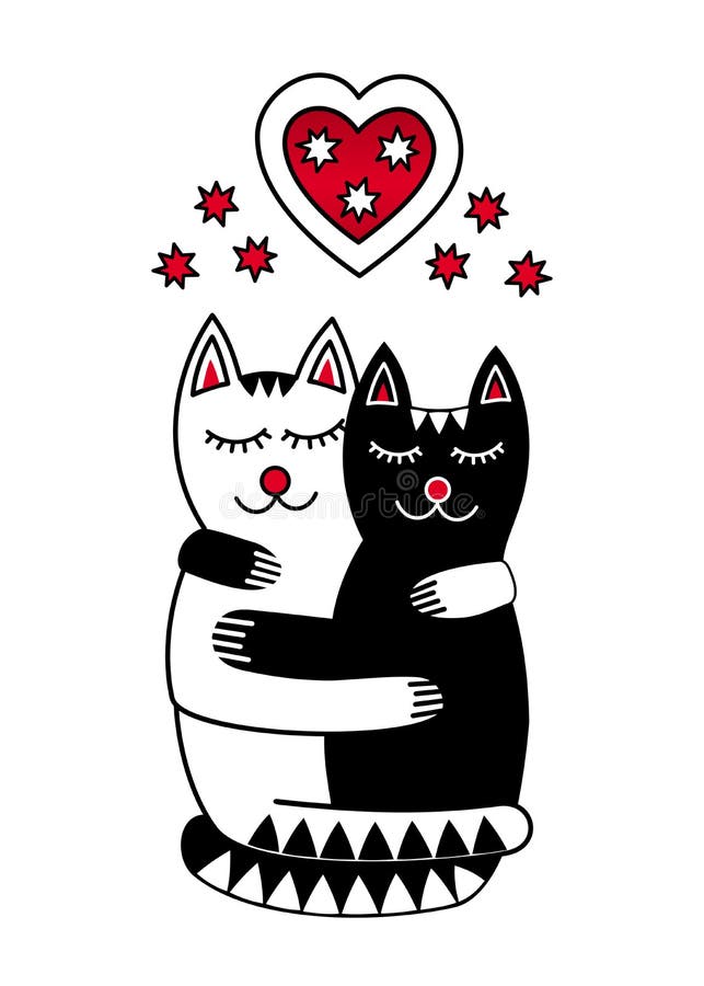 Cats hug. Valentine's day funny sleep cats in love. Japan cute couple.  Doodle animal vector. Vintage yin yang artwork. Kawaii silhouette. Happy  kitten hug icon. Mystic cat t-shirt art. Cartoon tattoo Stock