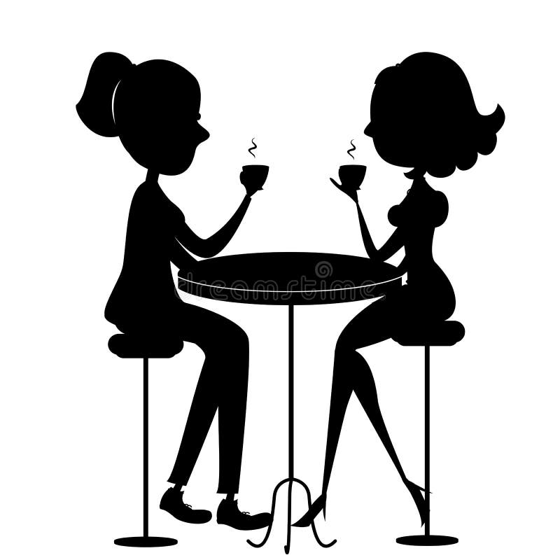 Two lovers women drinking coffee. Vector black silh