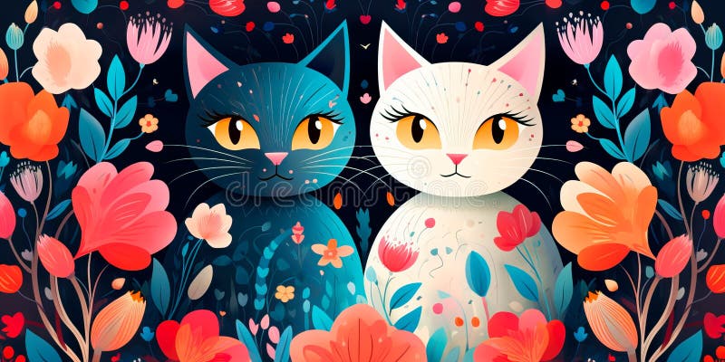 Two loving cats sit among fantastic flowers. Valentine& x27;s Day card with a romantic background. Generative AI