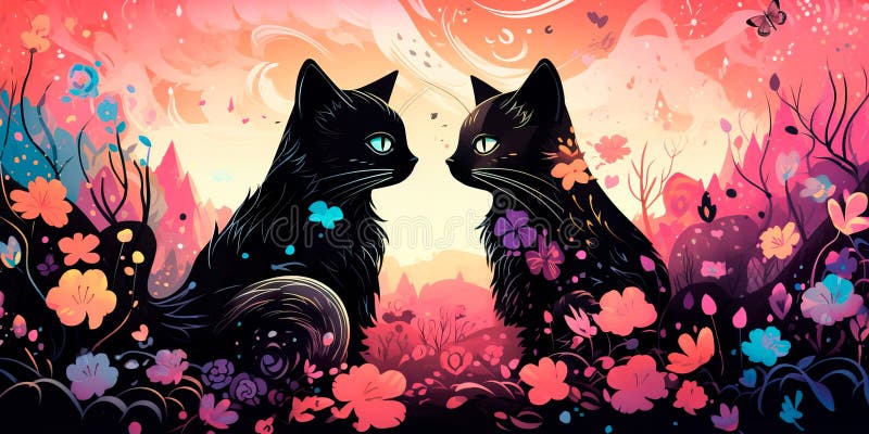 Two loving cats sit among fantastic flowers. Valentine& x27;s Day card with a romantic background. Generative AI