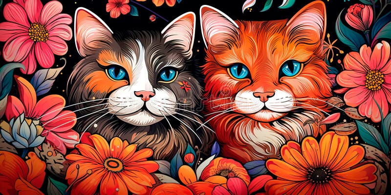 Two loving cats sit among fantastic flowers. Valentine& x27;s Day card with a romantic background. Generative AI