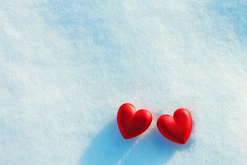 Two Hearts in the Snow. Love, Valentine`s Day