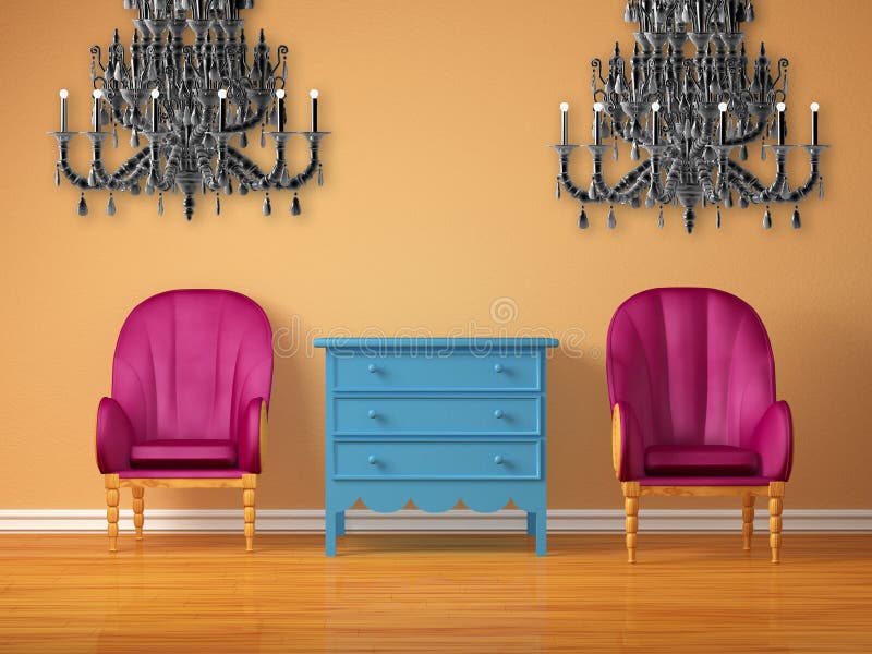 Two luxurious chairs with bedside and chandeliers