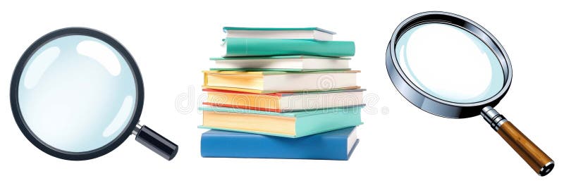 Magnifying glasses and stacked books symbolize research investigation and knowledge acquisition isolated on white background royalty free illustration