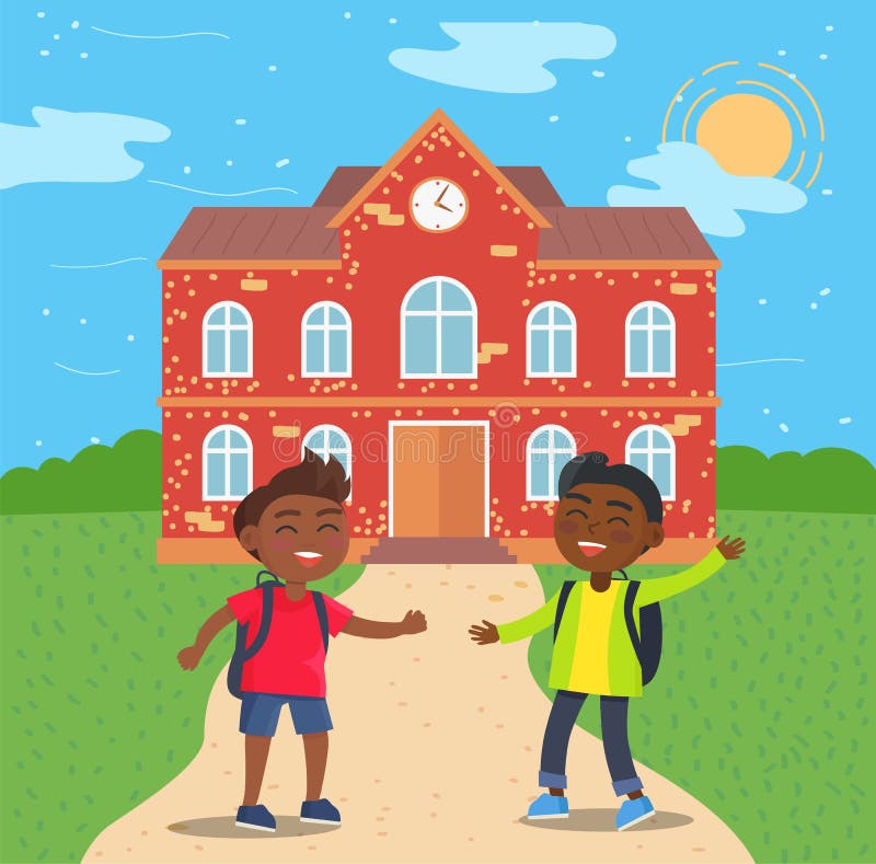 Two male african american students standing in front of red brick school building. Educational institution, boys students smiling vector illustration. Back to school concept. Flat cartoon. Two male african american students standing in front of red brick school building. Educational institution, boys students smiling vector illustration. Back to school concept. Flat cartoon