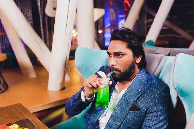 Two Man In Bar Hold Glasses Sit At Counter Drinking Cocktail Cheerful Friends Meeting Bar