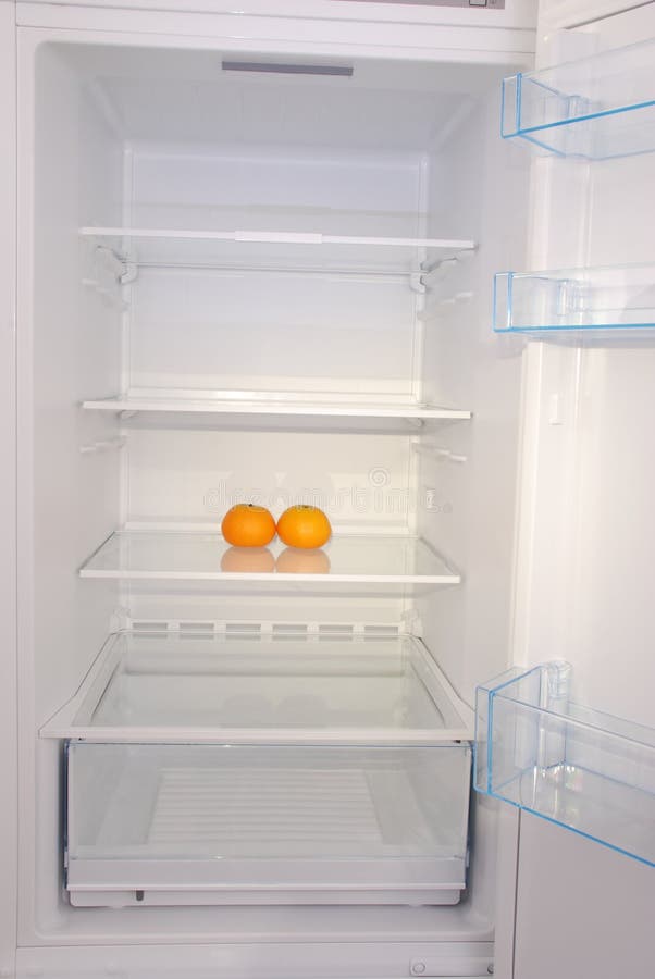 Two Mandarins in Open Empty Refrigerator. Stock Image Image of diet