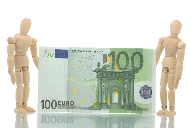 Two manikins holding euro bill