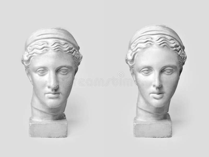 Two marble heads of young women, ancient Greek goddess bust before plastic surgery and after operation on light stock images Two marble heads of young women, ancient Greek goddess bust before plastic surgery and after operation on light stock images