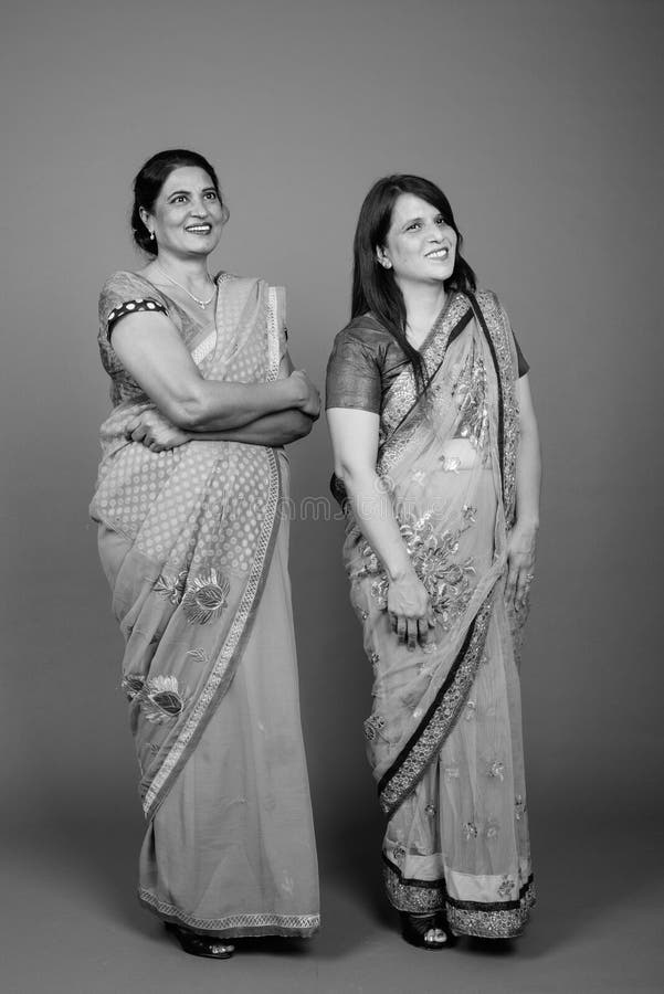 Two Mature Indian Women Wearing Sari Indian Traditional Clothes