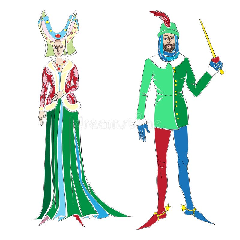 Two medieval costumes stock vector. Illustration of drawing - 77400637