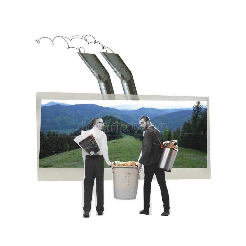 Two men carrying garbage bin away garbage over mountain and forest image. Environmental safety. Contemporary art collage. Concept of ecology, environment, problem, awareness