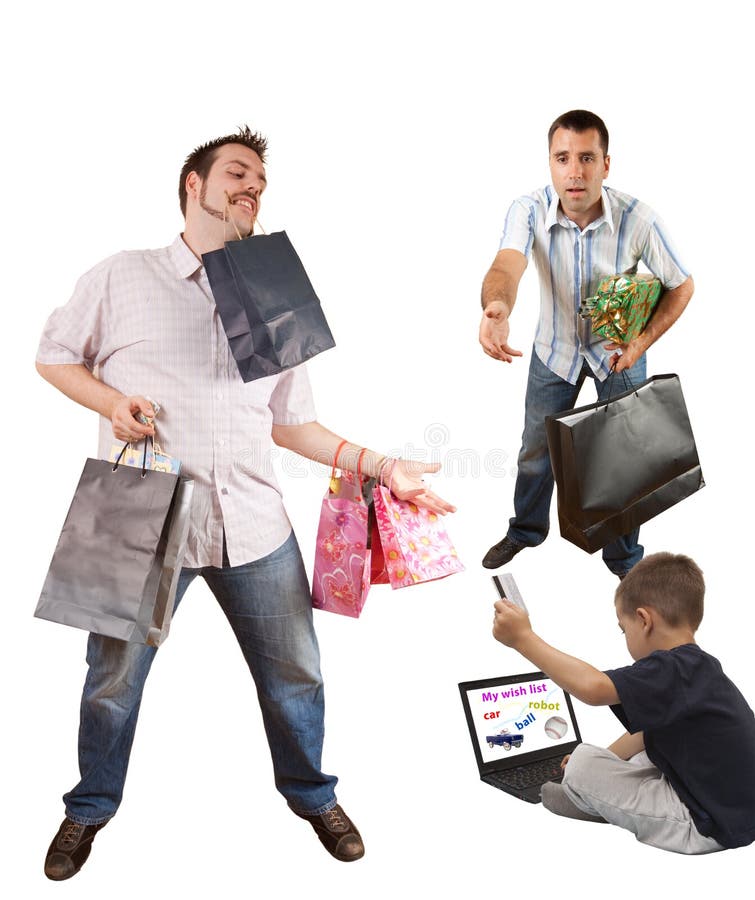 Dos hombres contabilidad compras elementos bolsas chico, ordenar material conectado internet tarjeta.