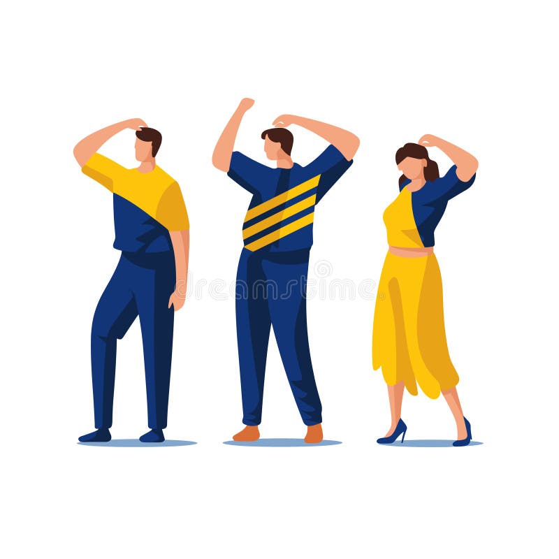 Two men and a woman doing stretching exercises, dressed in blue and yellow sporty clothing. Fitness workout routine vector illustration