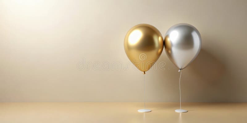 Two metallic balloons, gold and silver, elegantly positioned on a neutral background, create a sophisticated and minimalist scene royalty free illustration