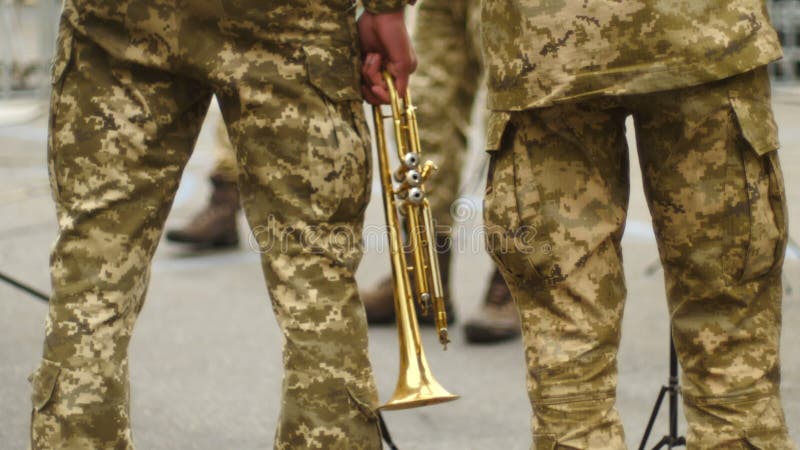 Military Man with a Cornet Looking at the Notes. Back Side View Stock Video  - Video of back, army: 101168991