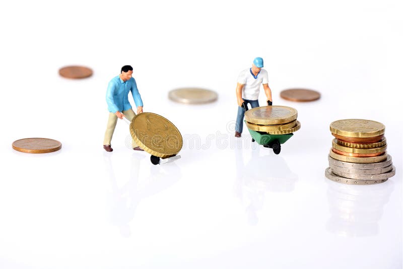 Two Miniature workers drives euro coins