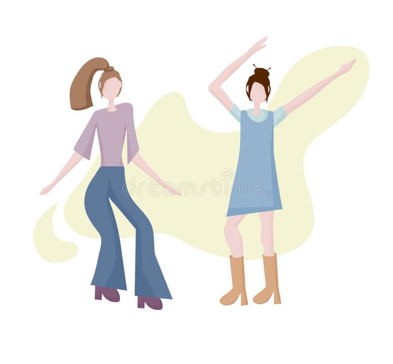 Two modern young girls dancing. Dance moves, fun and entertainment. Women`s friendship and shared leisure, party.  Concept for a banner, website design or target web page.vector