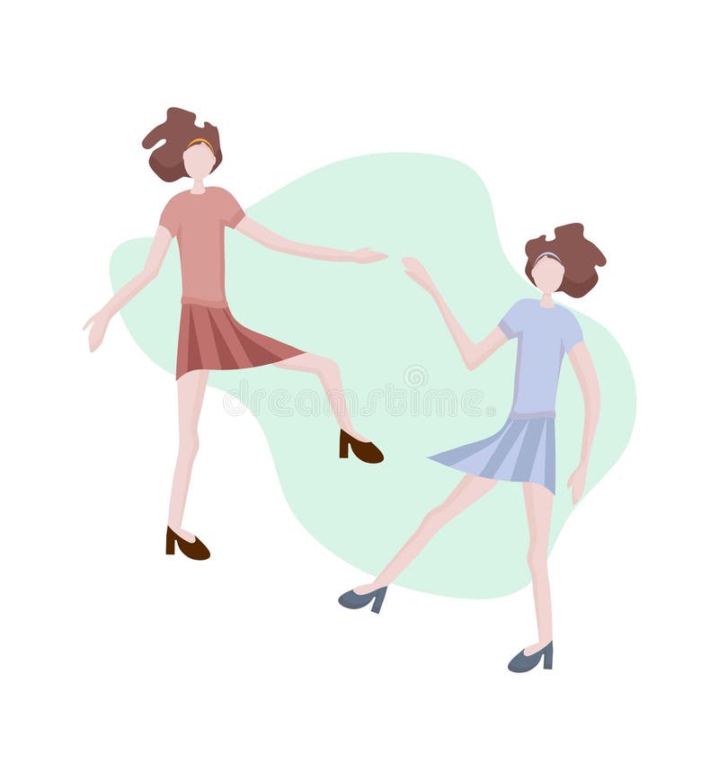 Two modern young girls dancing. Dance moves, fun and entertainment. Women`s friendship and shared leisure, party.  Concept for a banner, website design or target web page.vector