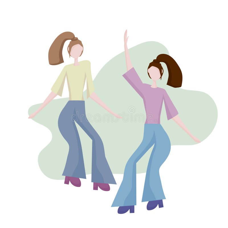 Two modern young girls dancing. Dance moves, fun and entertainment. Women`s friendship and shared leisure, party.  Concept for a banner, website design or target web page.vector